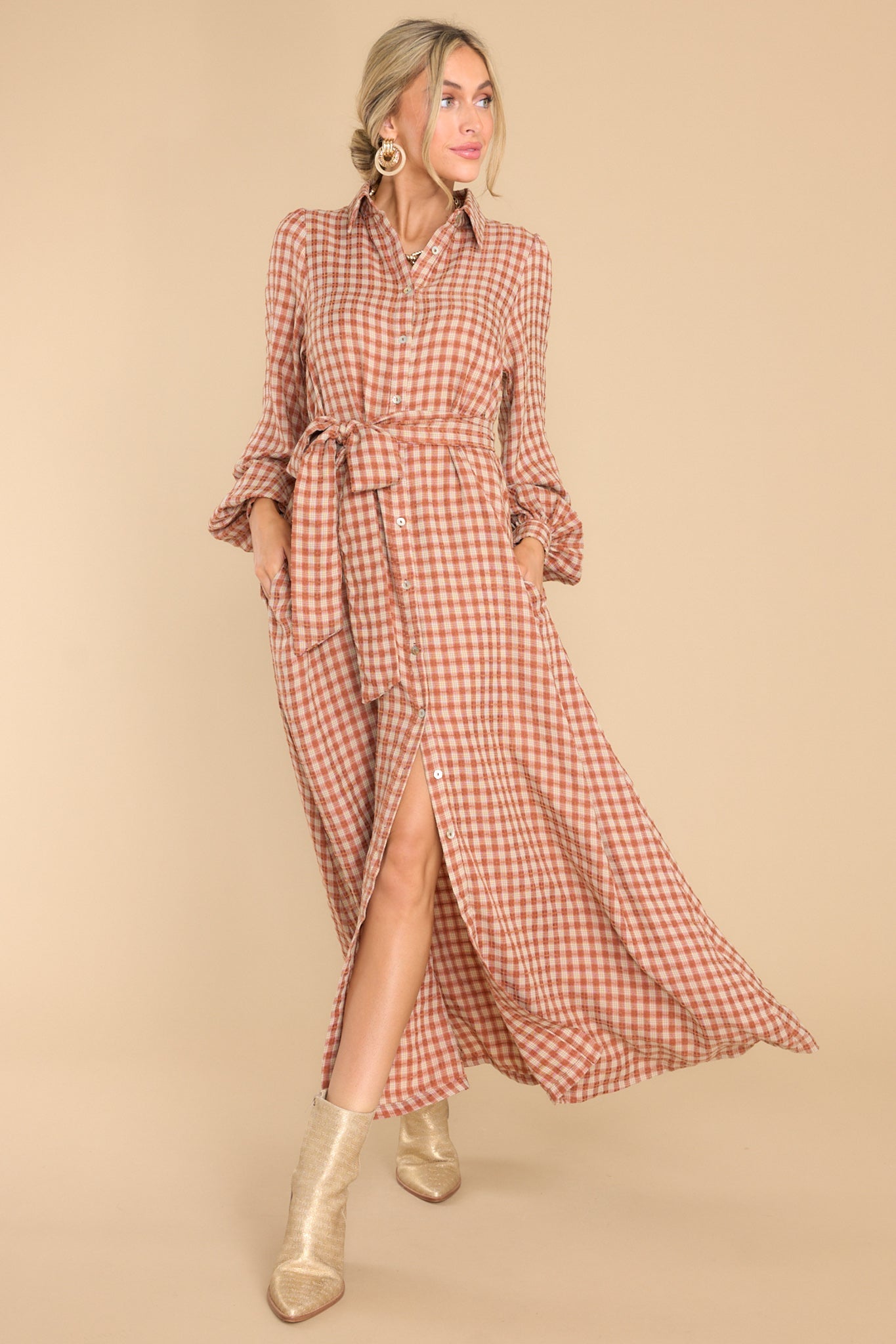 Rustic Elegance Brick Plaid Maxi Dress