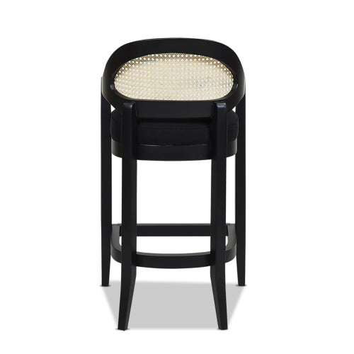 Pyrla 26" Upholstered Counter Stool with Curved Cane Back and Wood Legs