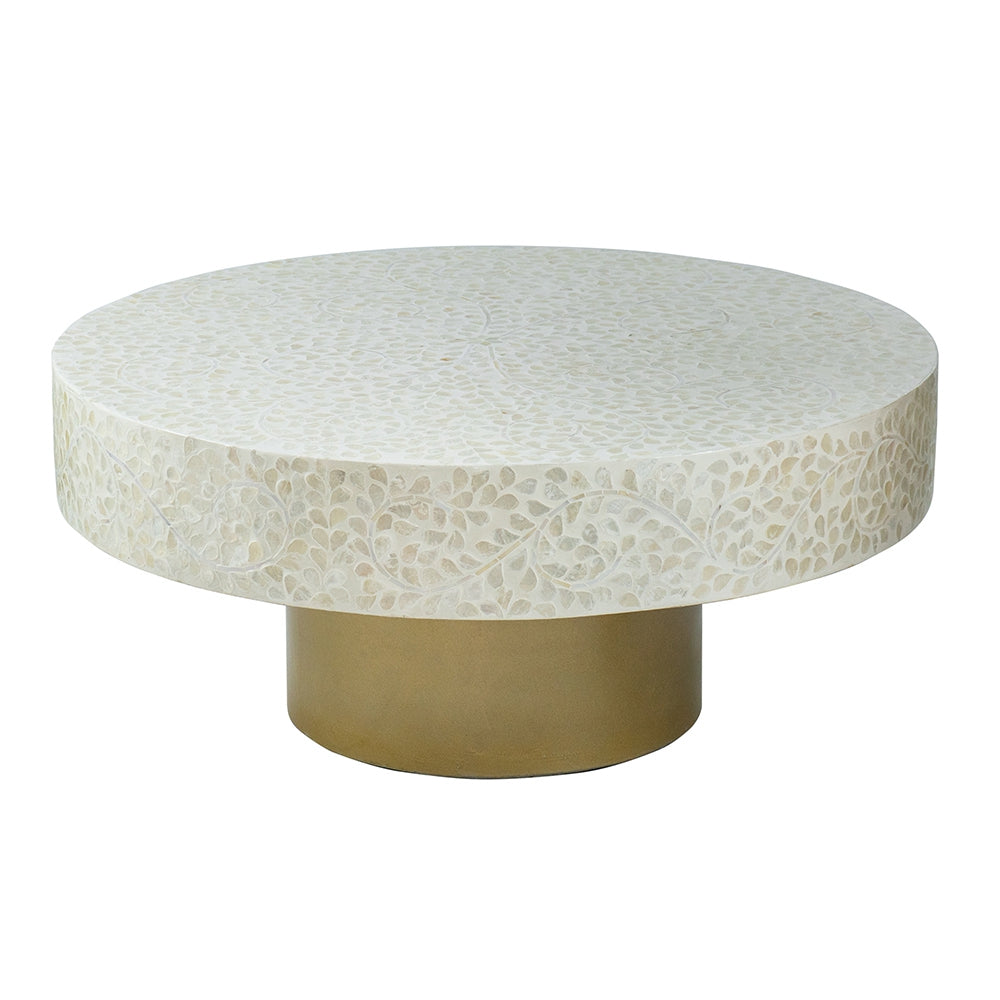 Alacrits Round Coffee Table with Capiz Design and Pedestal Base