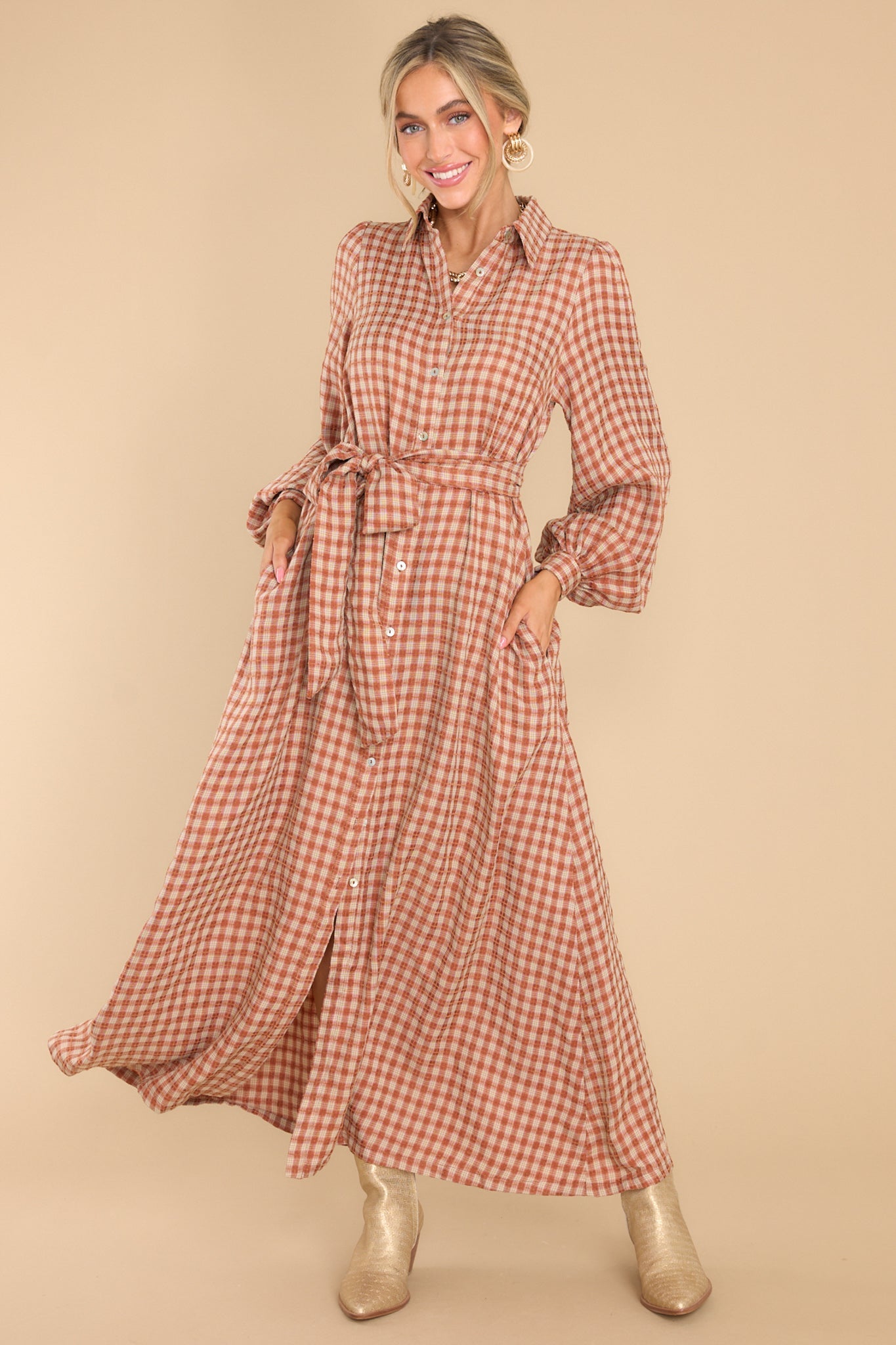 Rustic Elegance Brick Plaid Maxi Dress