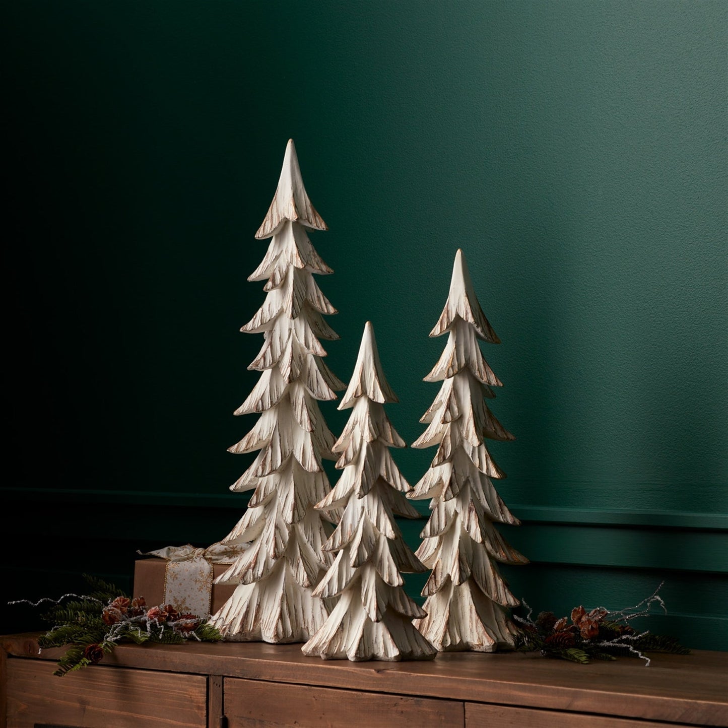 Carved Wood Design Pine Tree Decor, Set of 3