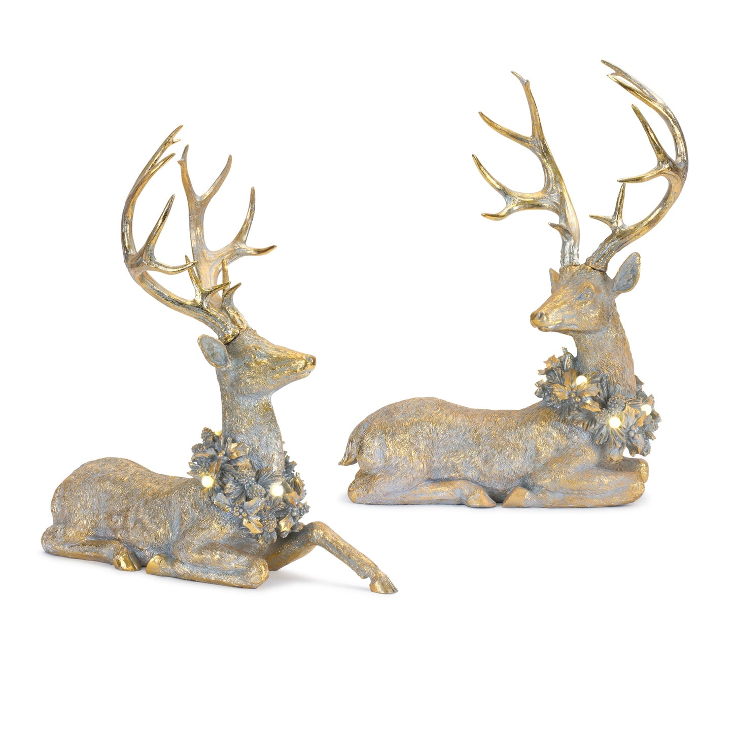 Holiday Deer Figurine with Lighted Wreath and Gold Finish, Set of 2