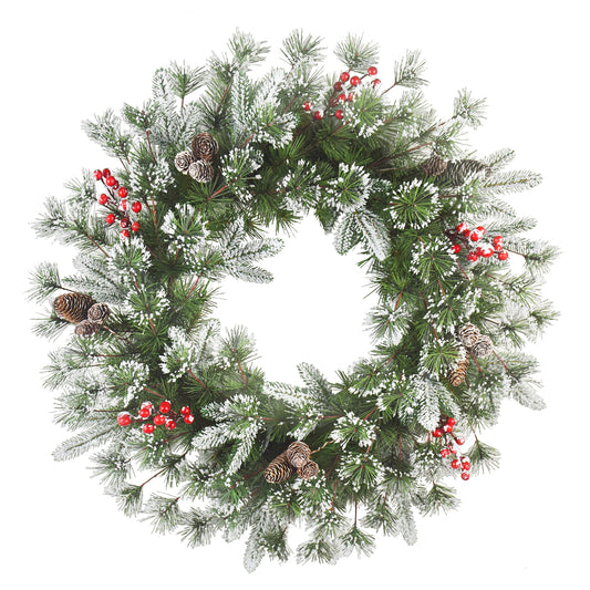 24" Decorated Wreath 200 Tips Pinecones & Red Berries