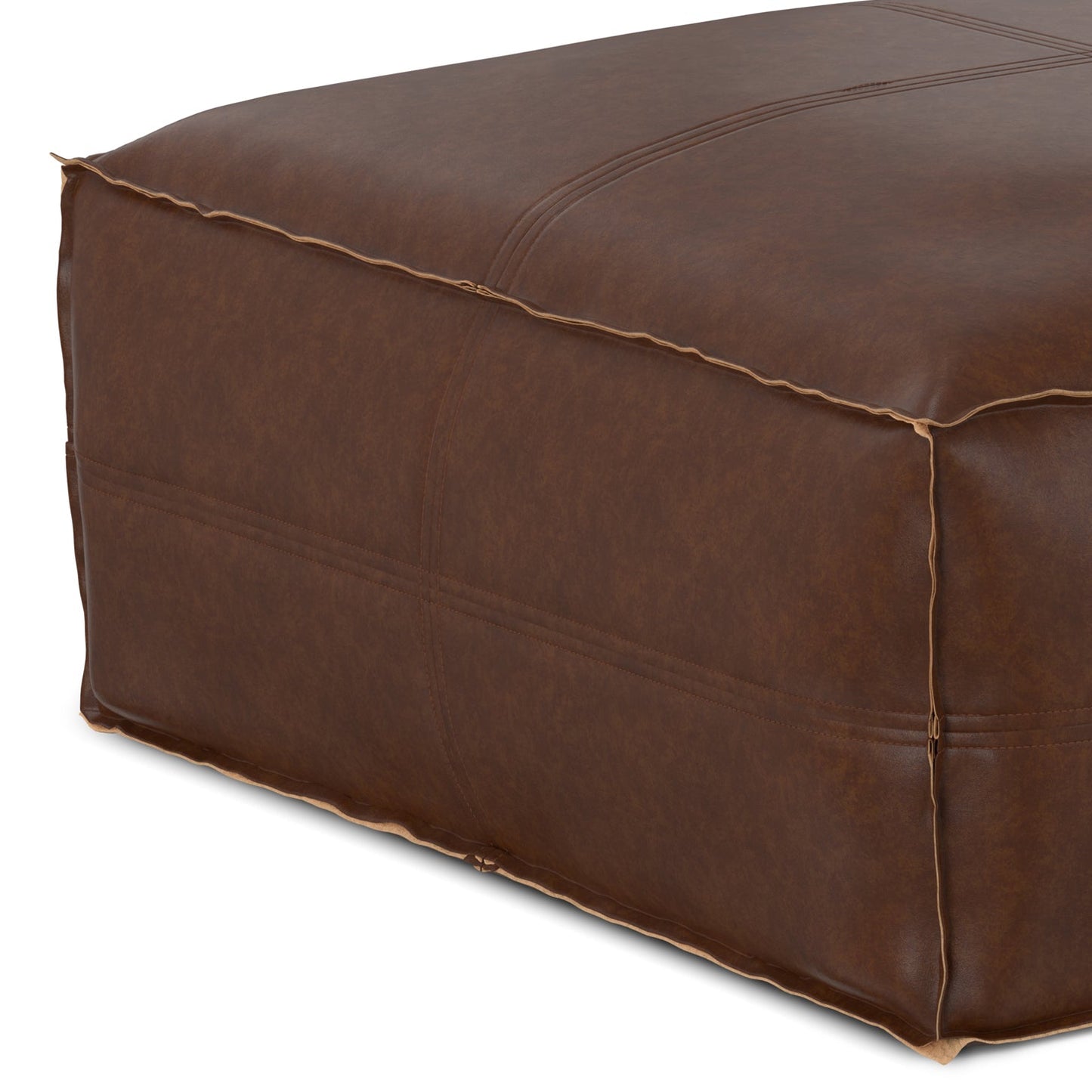 Ascendant Faux Leather Square Pouf with Top Stitching Detail