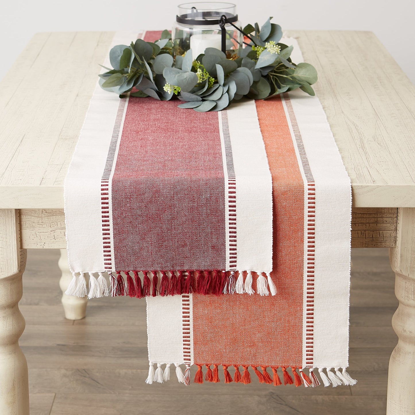 Burnt Orange Striped Fringe Ribbed Table Runner 13X72
