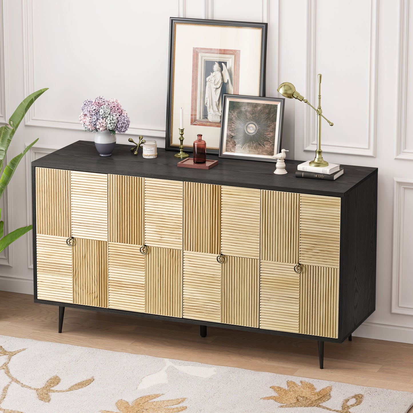 4-Door Cabinet with Carved Effect Decoration Doors and Metal Legs