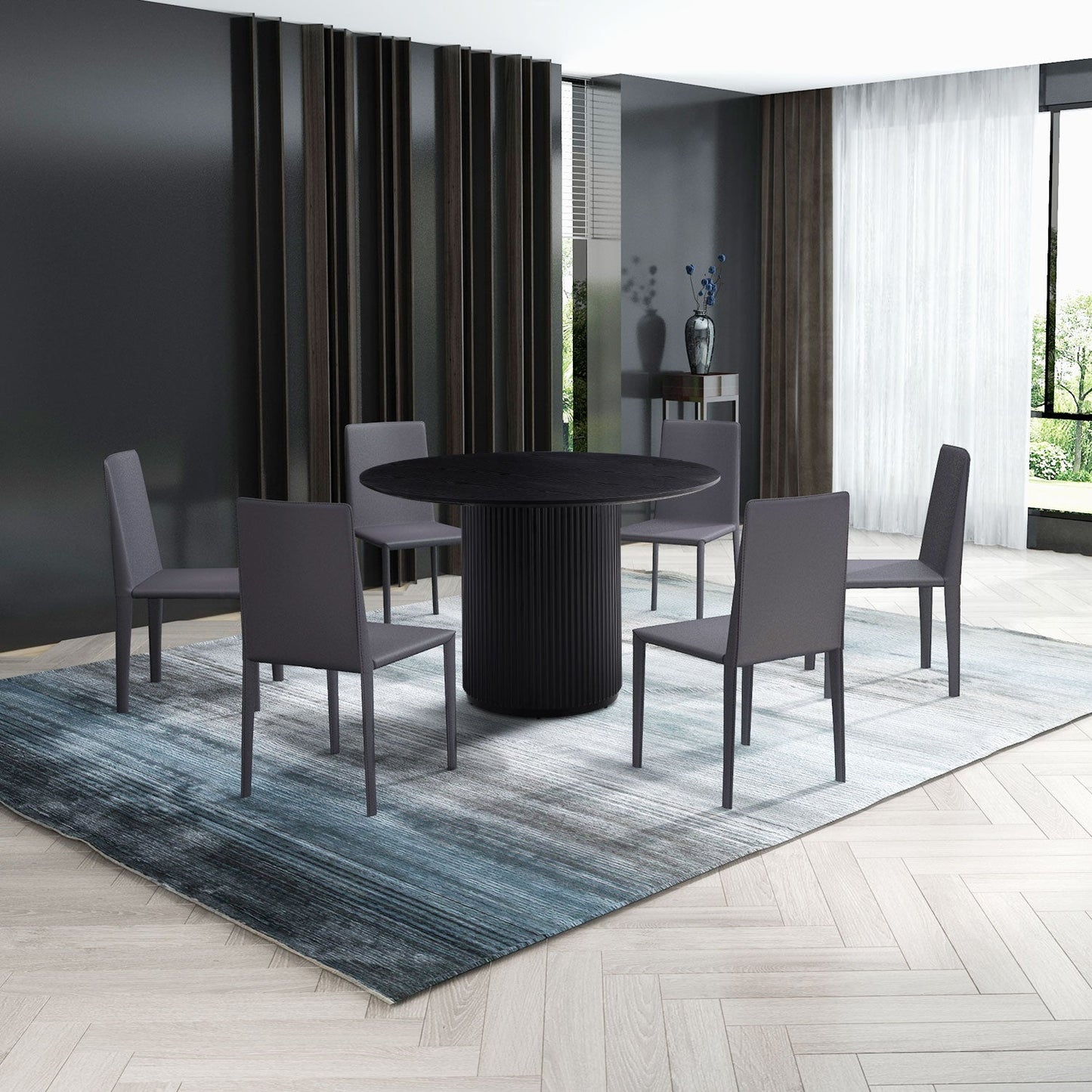 Round Dining Table with T-Shaped Design and Wood Frame