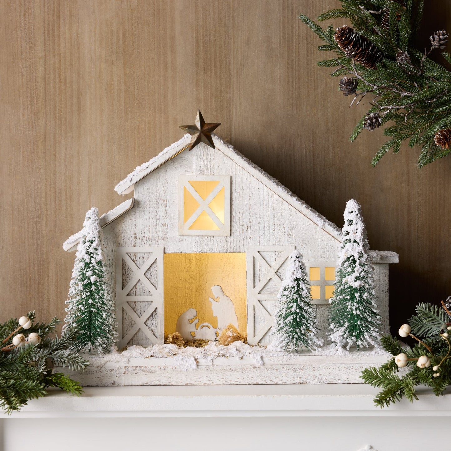 LED Flocked Nativity Stable Display 19.5"L