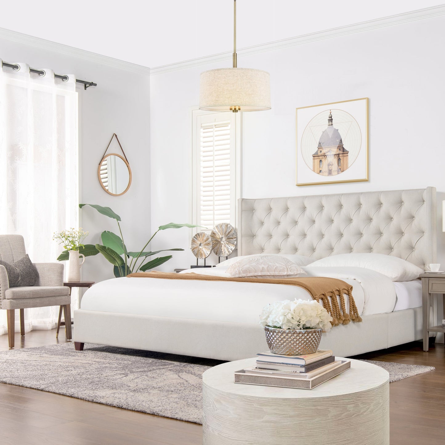 King-Size Upholstered Platform Bed with Tufted Headboard and Wing Back