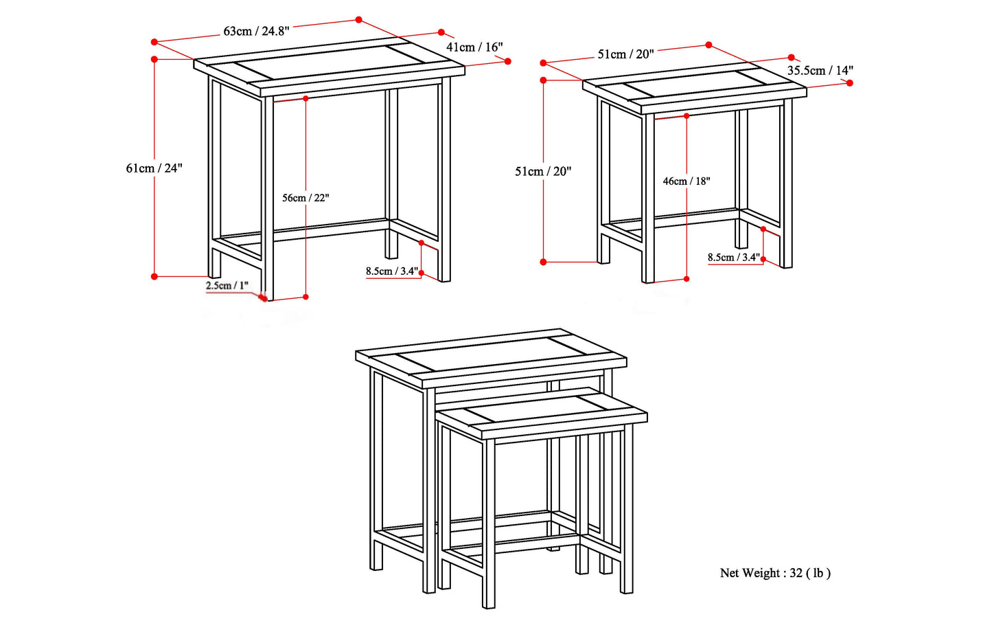 2-Piece Rectangular Nesting Side Table with Metal Frame