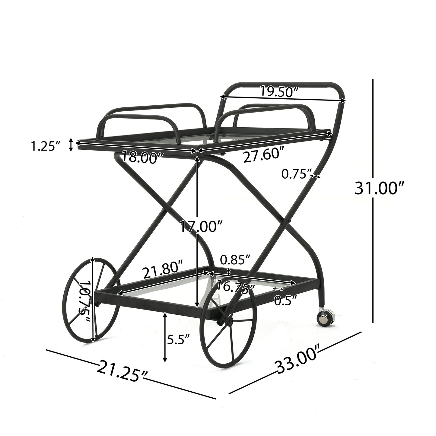 Allegro Outdoor Bar Cart with 2 Tempered Glass Shelves and Metal Frame