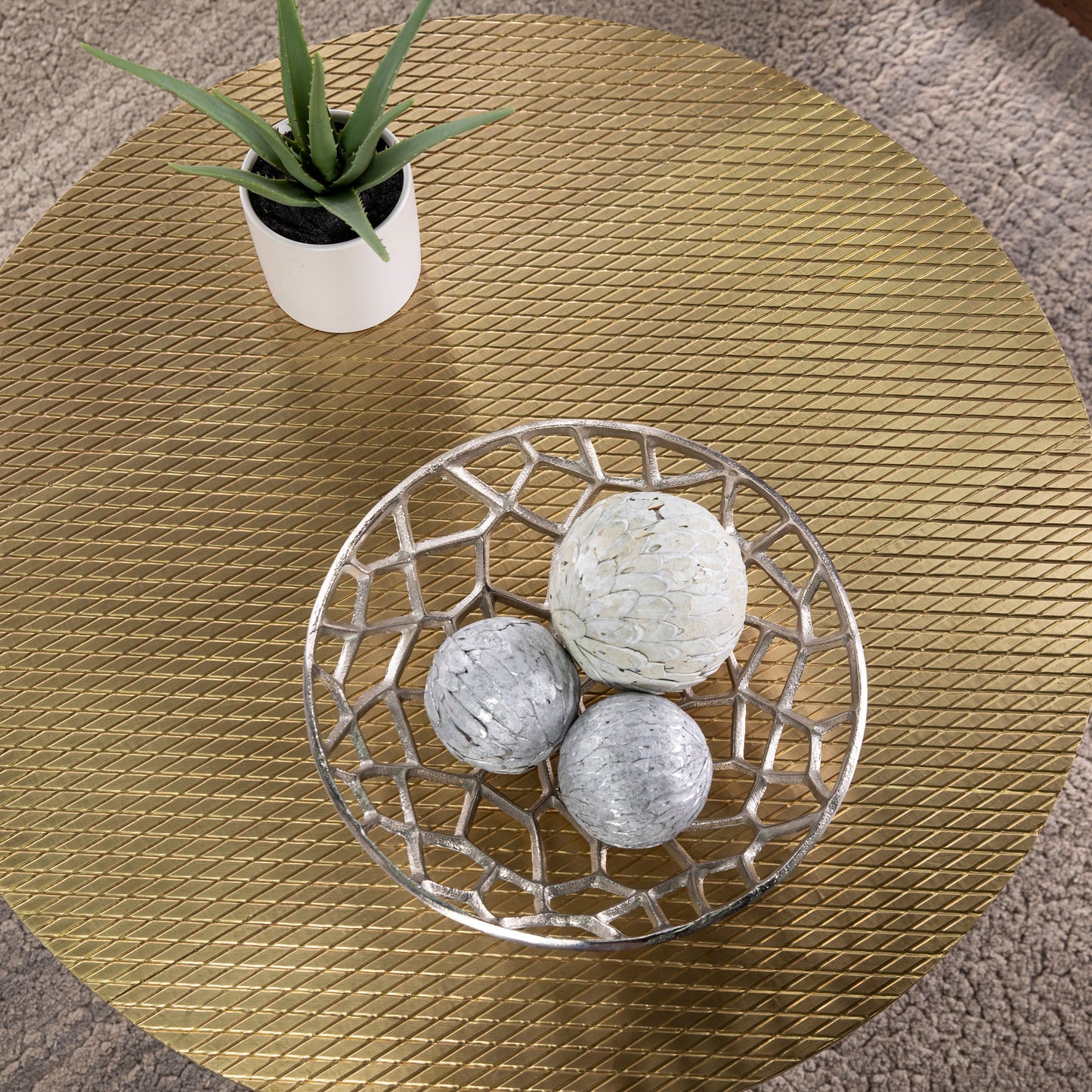 Round Cocktail Table with Embossed Top and Iron Legs