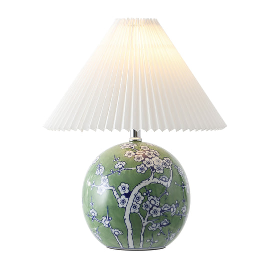 Shishen Cottage Classic Chinoiserie Ceramic Orb LED Table Lamp with Pleated Shade