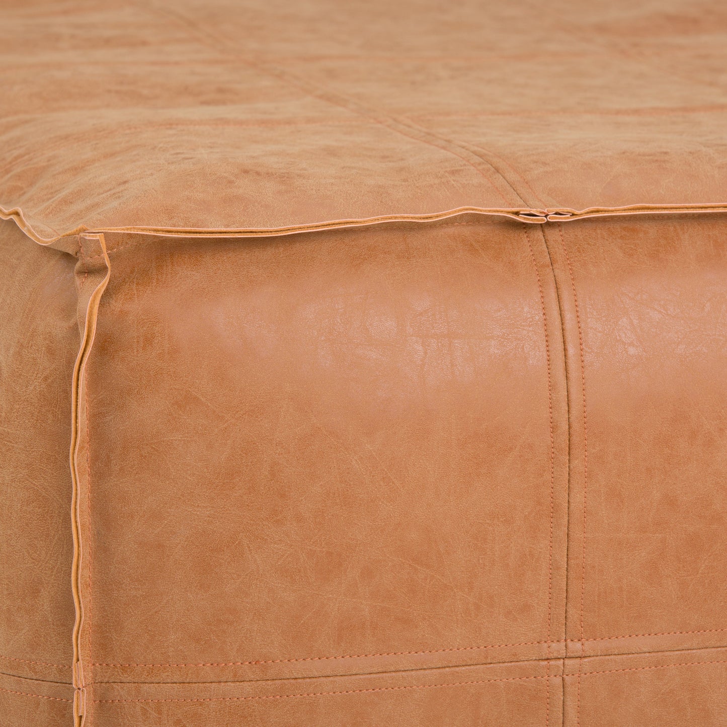 Ascendant Faux Leather Square Pouf with Top Stitching Detail