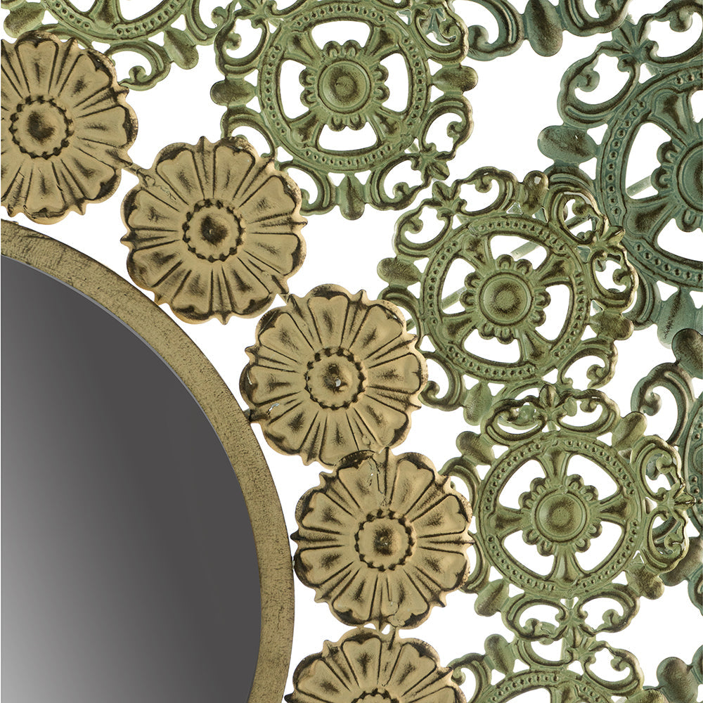 Round Wall Mirror with Floral Accents and Iron Scrollwork