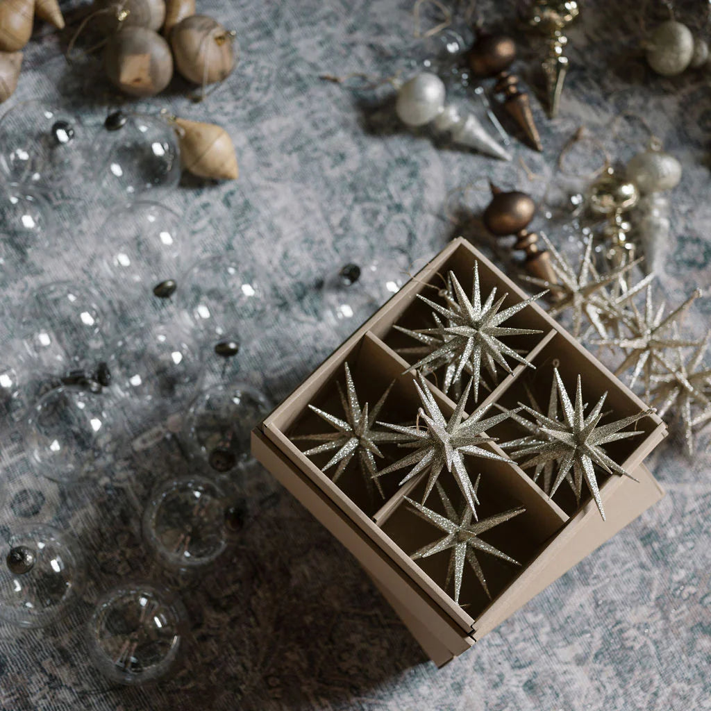 6" Gold Glitter Starburst Ornament, Set of 4
