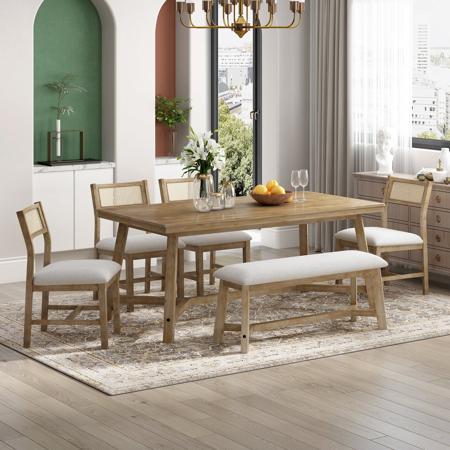 6-Piece Dining Set with Rectangular Table and 4 Upholstered Chairs