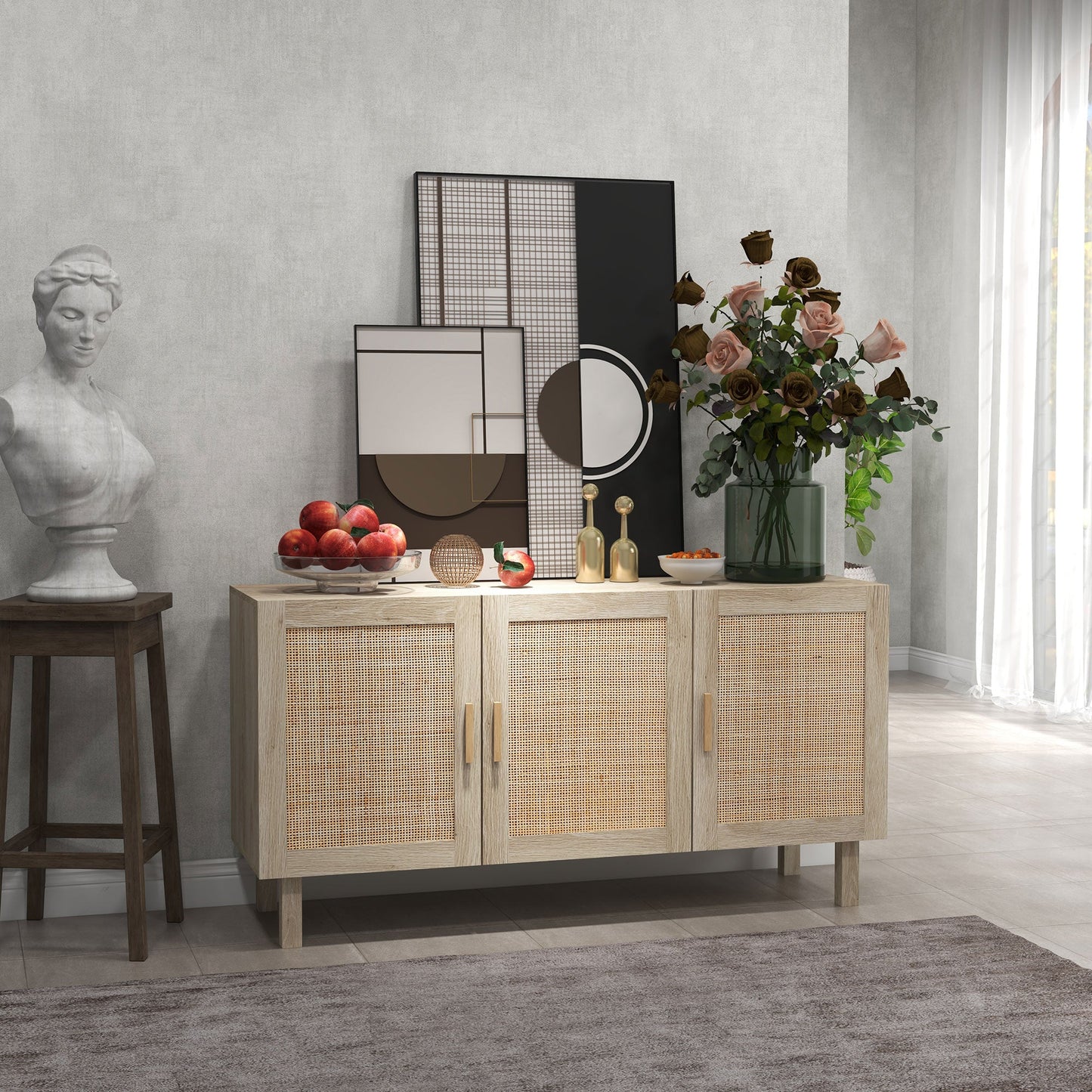 Particle Board Cabinet with 3 Rattan Doors and Adjustable Shelves