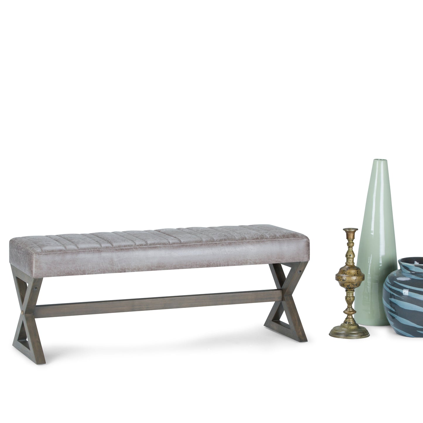 Bloom Upholstered Ottoman Bench with Vertical Stitching and X Design Trestle Base