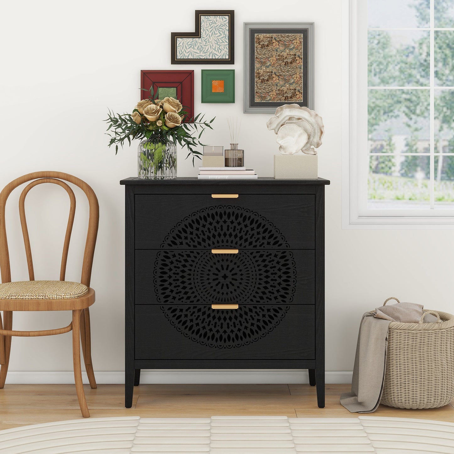 Abundanz 3-Drawer Dresser with Hollow Pattern and Metal Handle