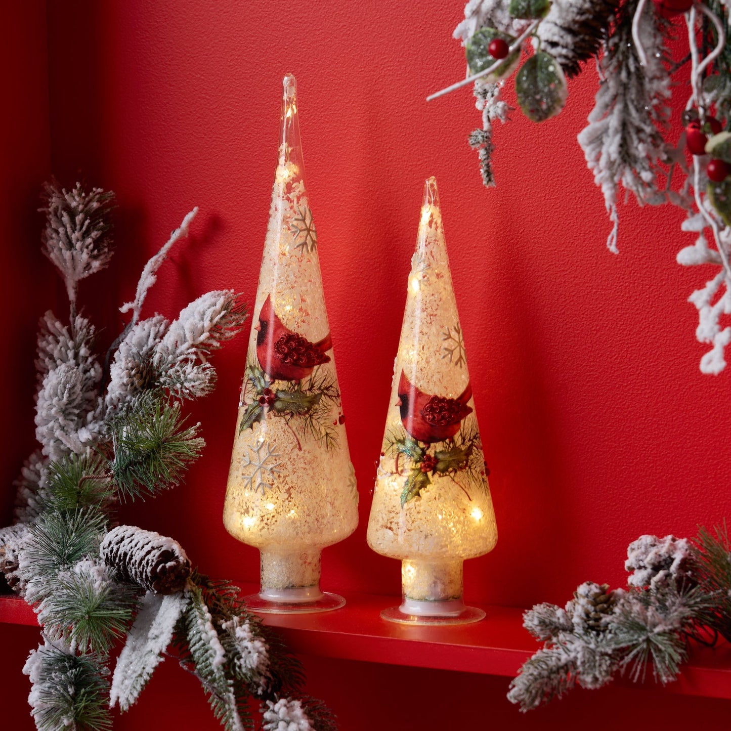 LED Frosted Cardinal Berry Tree, Set of 2