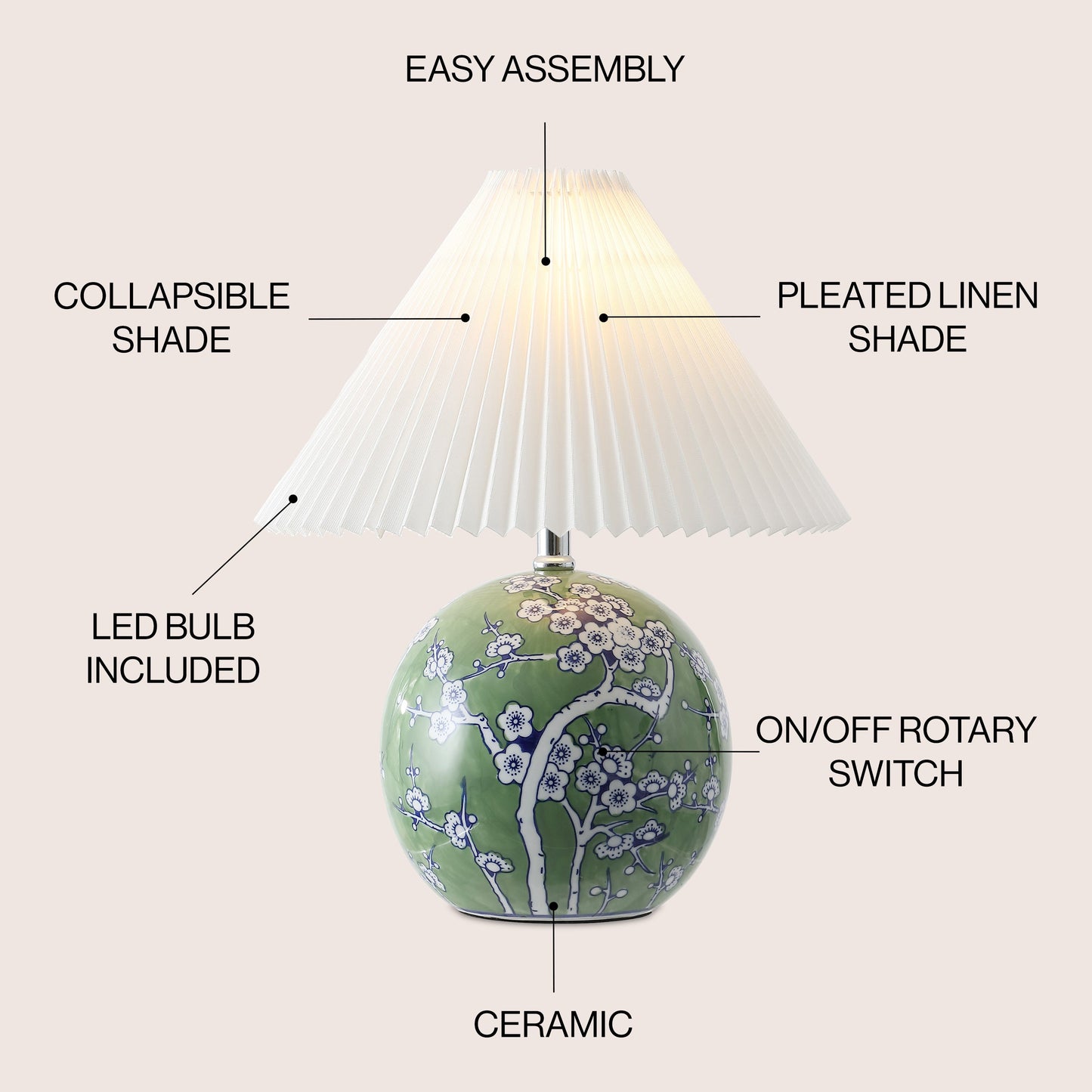 Shishen Cottage Classic Chinoiserie Ceramic Orb LED Table Lamp with Pleated Shade