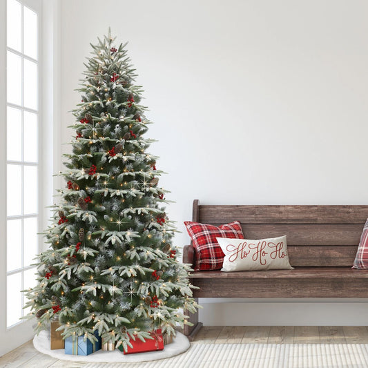 7.5 ft Pre-lit Flocked Halifax Fir Artificial Christmas Tree with Clear Lights, Pinecones & Red Berries