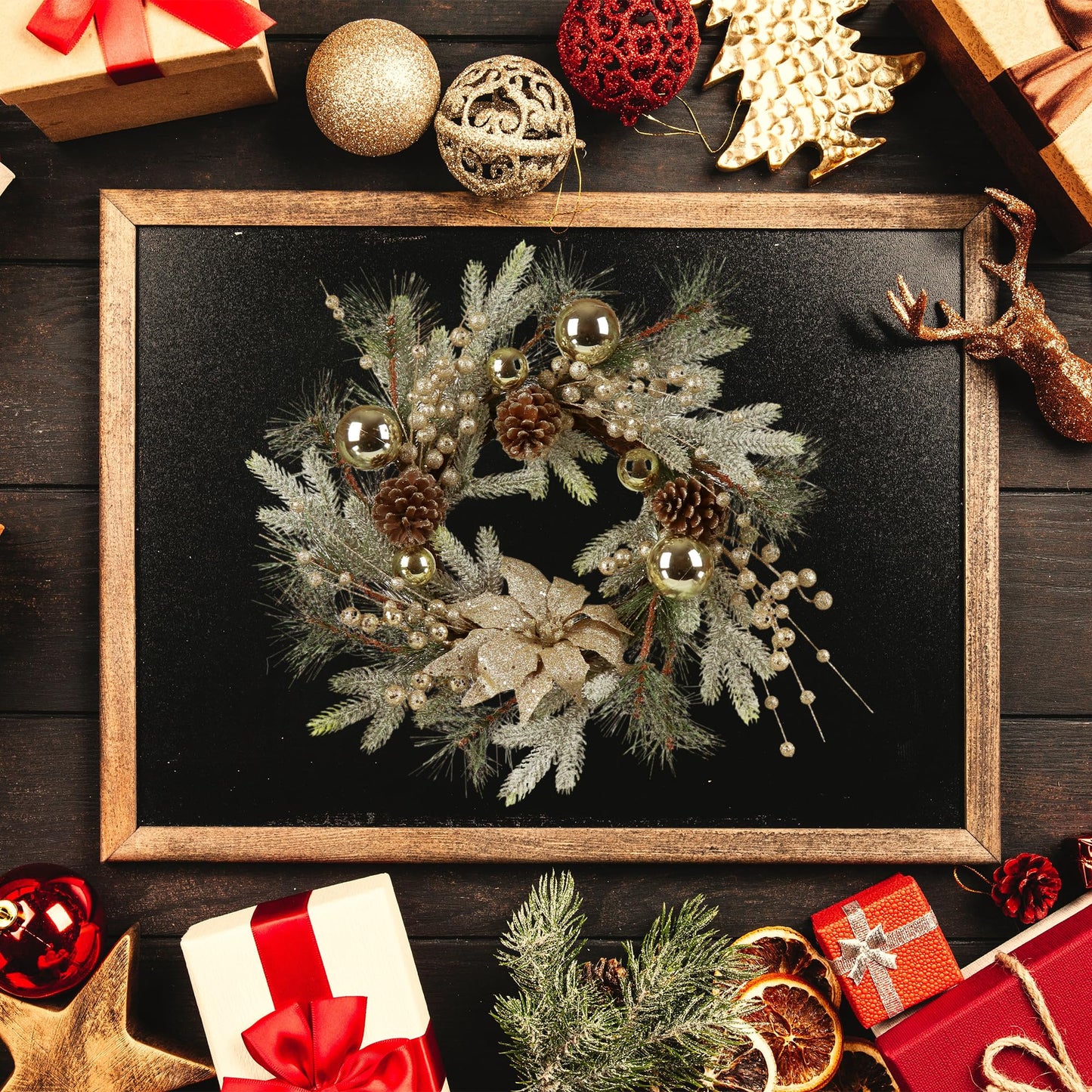 Slenix 20-inch Christmas Wreath, Christmas Door Decorations Wreath with Warm Lights