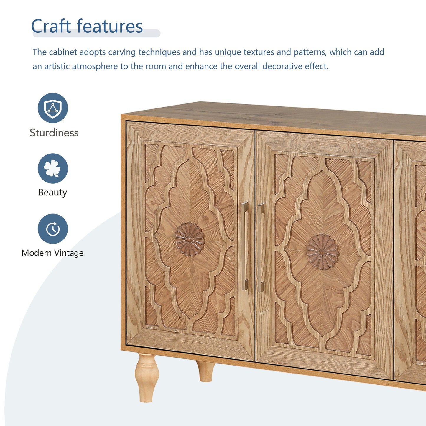 Bespokee Carved Flower Door Large Storage Cabinet With Metal Handle