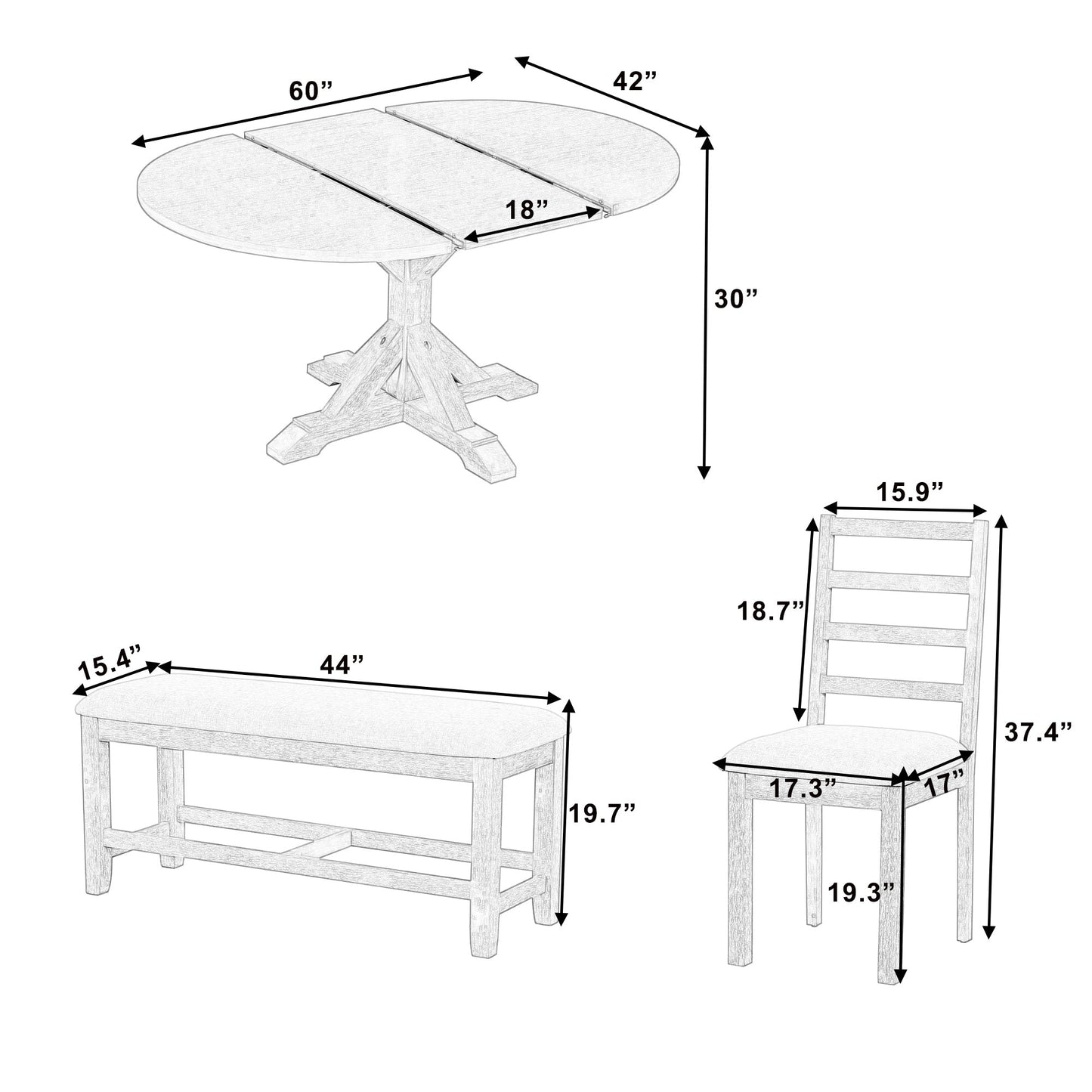 Kivor 6-Piece Dining Set with Extendable Table, Bench and 4 Ladder-Back Chairs