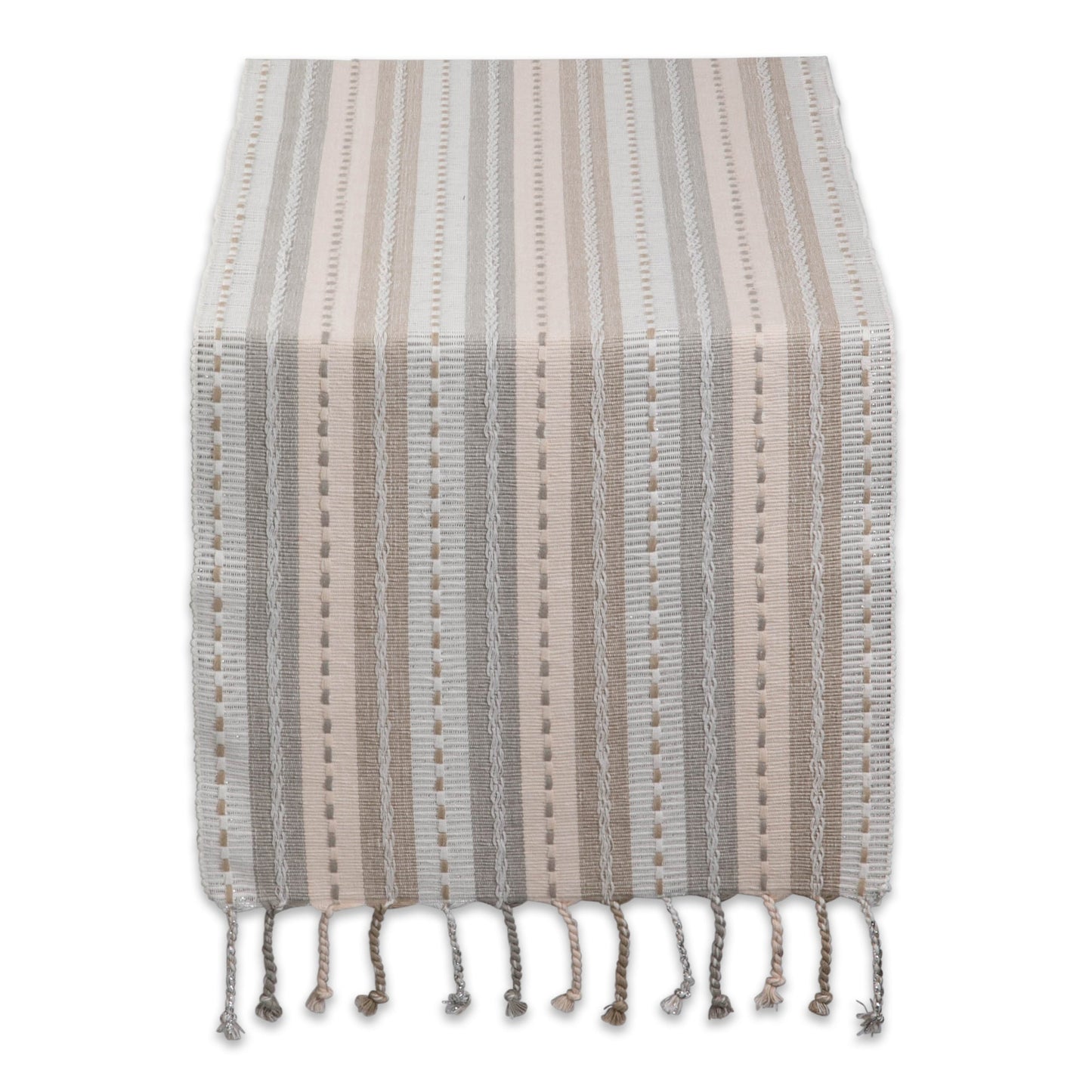 Natural Tonal Stripe With Fringe Table Runner 14X72
