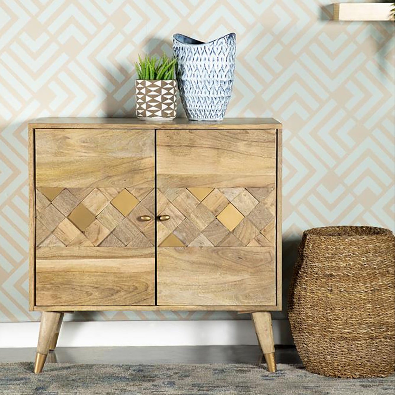 Wood Cabinet with 2 Doors and Tapered Legs