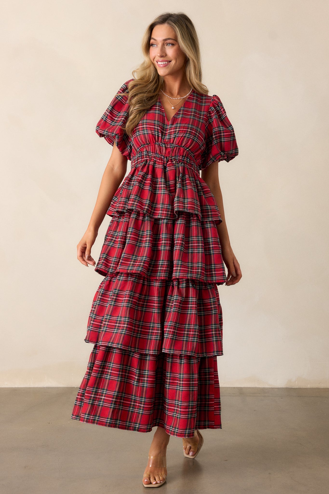 Ribbons of Light Red Plaid Tiered Maxi Dress