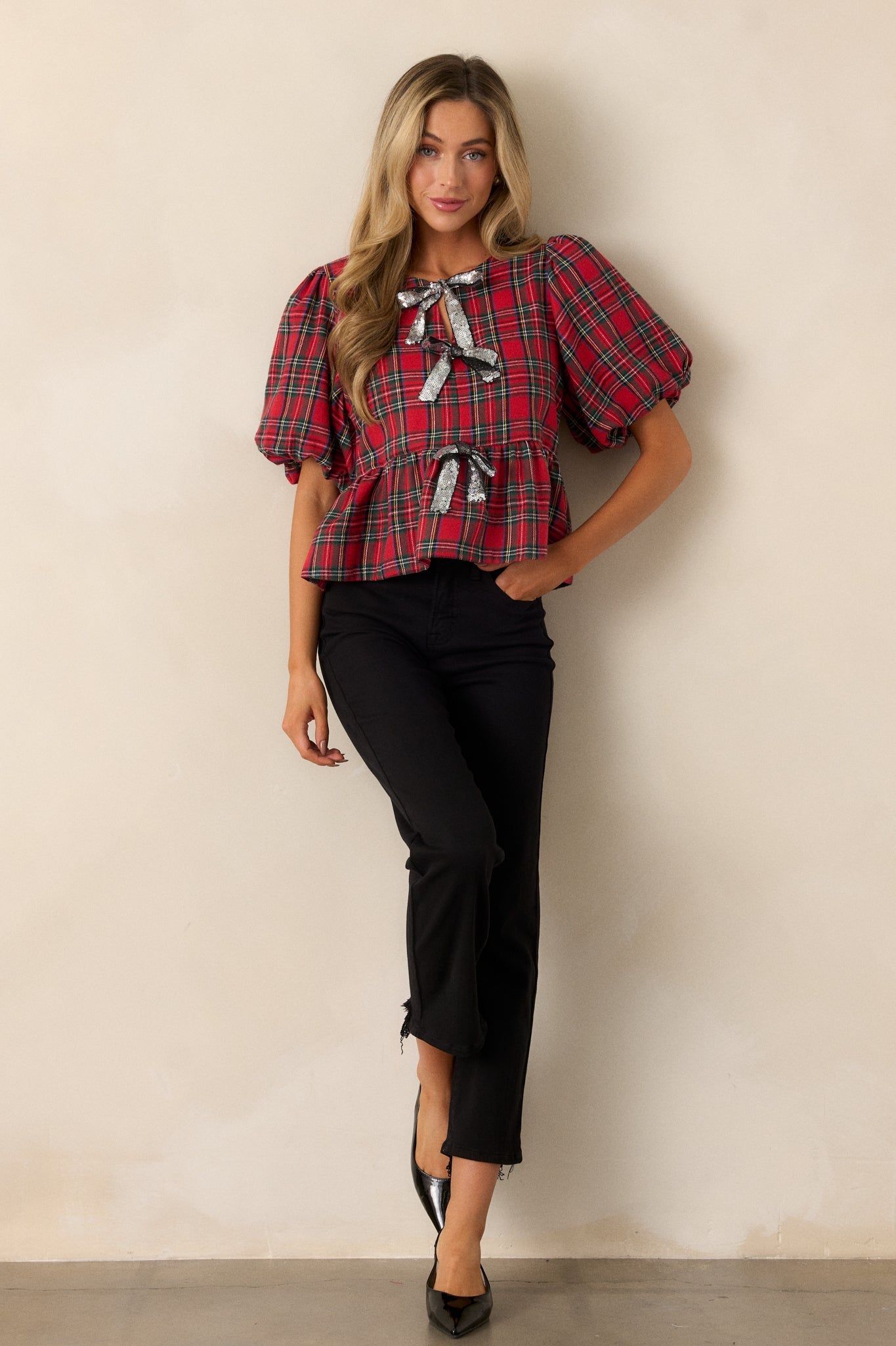 Ribbons of Glamour Red Puff Sleeve Top