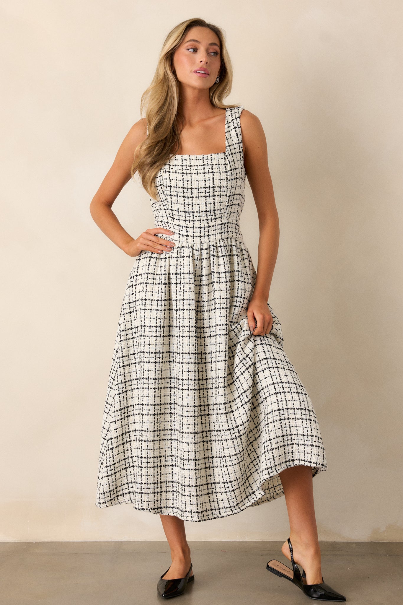 Runaway Hearts White & Black Tweed Midi Dress