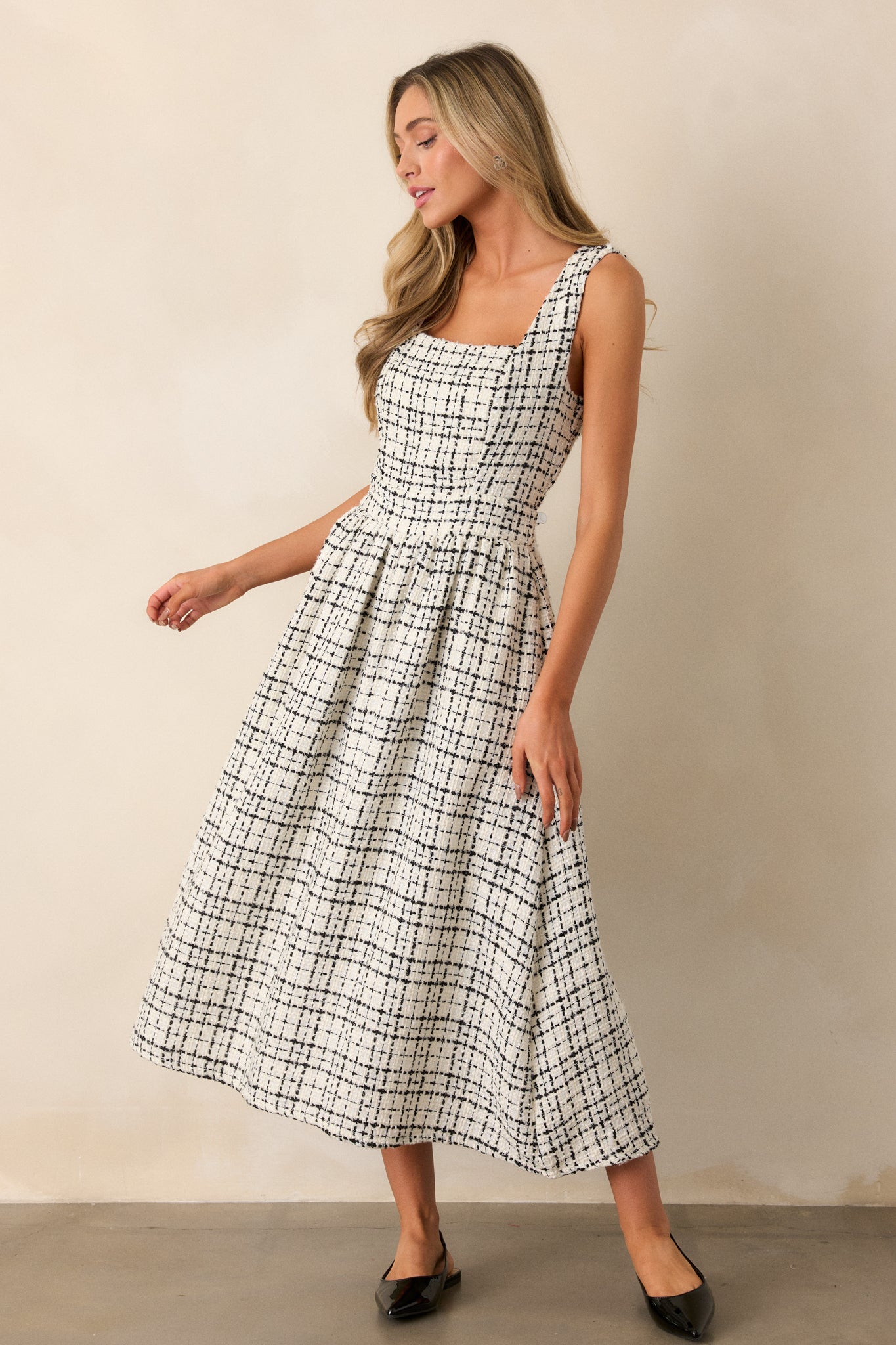 Runaway Hearts White & Black Tweed Midi Dress