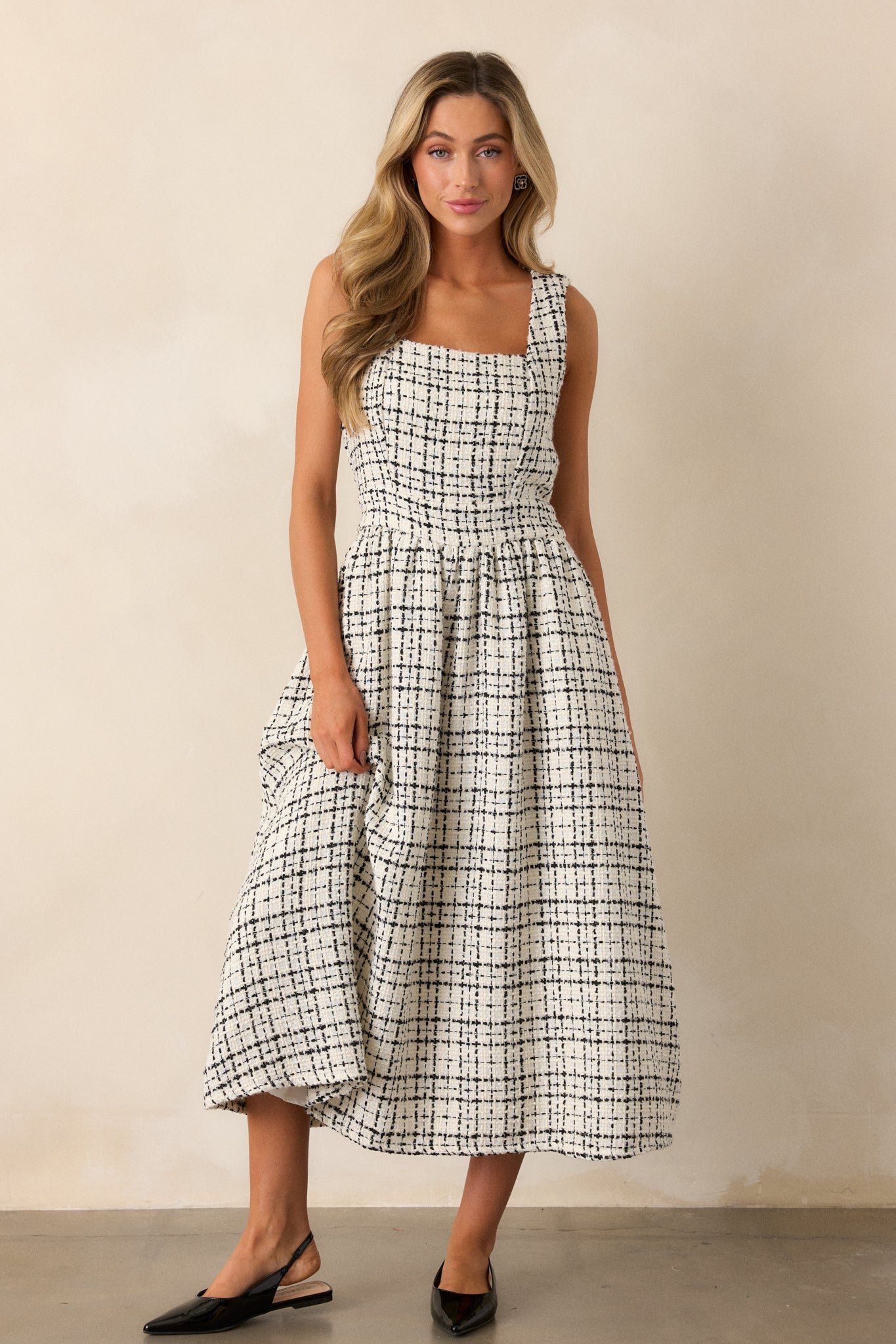 Runaway Hearts White & Black Tweed Midi Dress