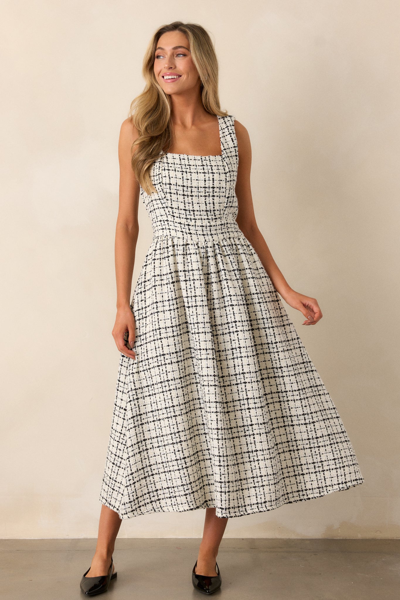 Runaway Hearts White & Black Tweed Midi Dress