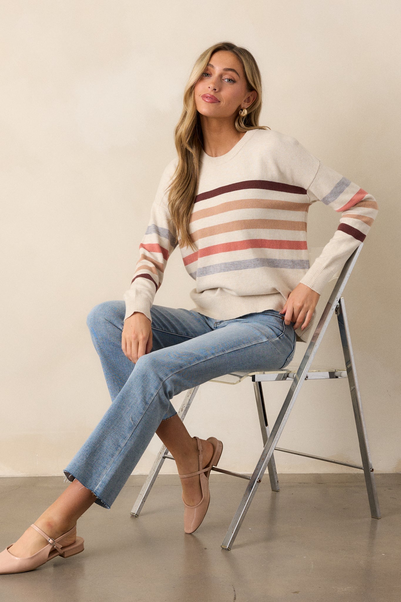 Tides of Change Beige Stripe Long Sleeve Sweater