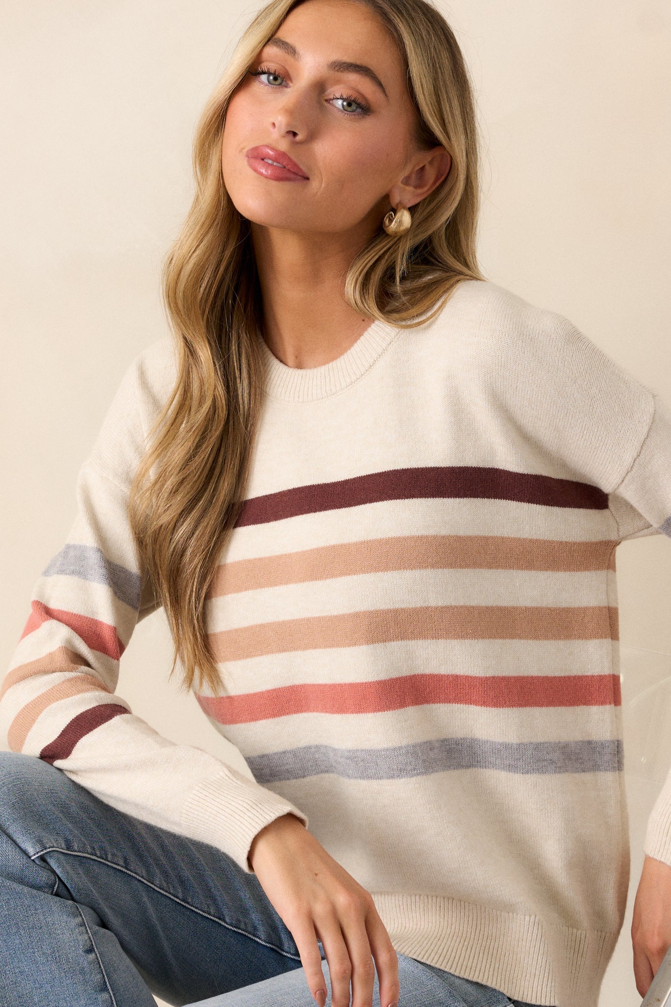 Tides of Change Beige Stripe Long Sleeve Sweater