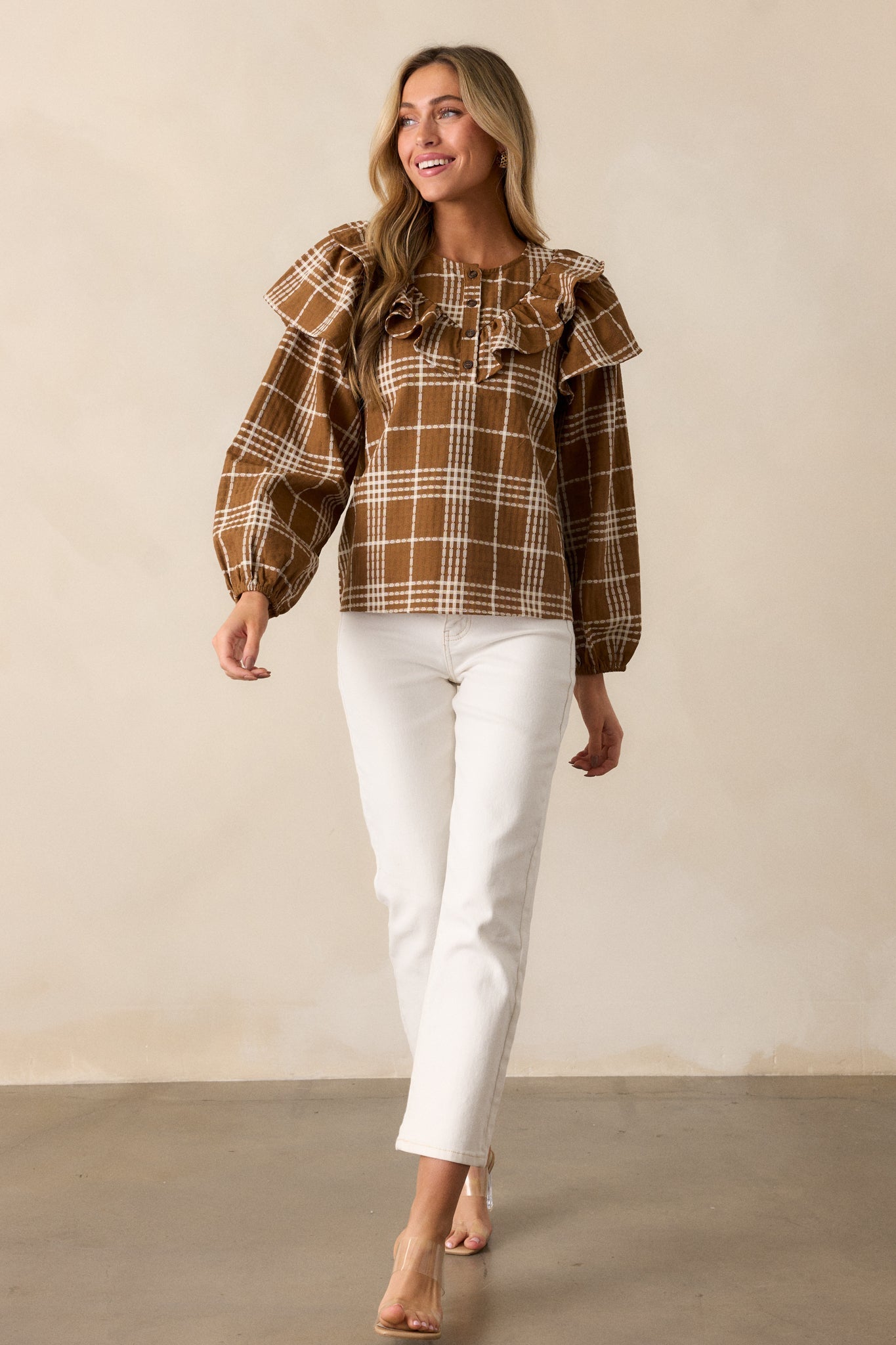 Mellow Moments 100% Cotton Mocha Flutter Sleeve Blouse