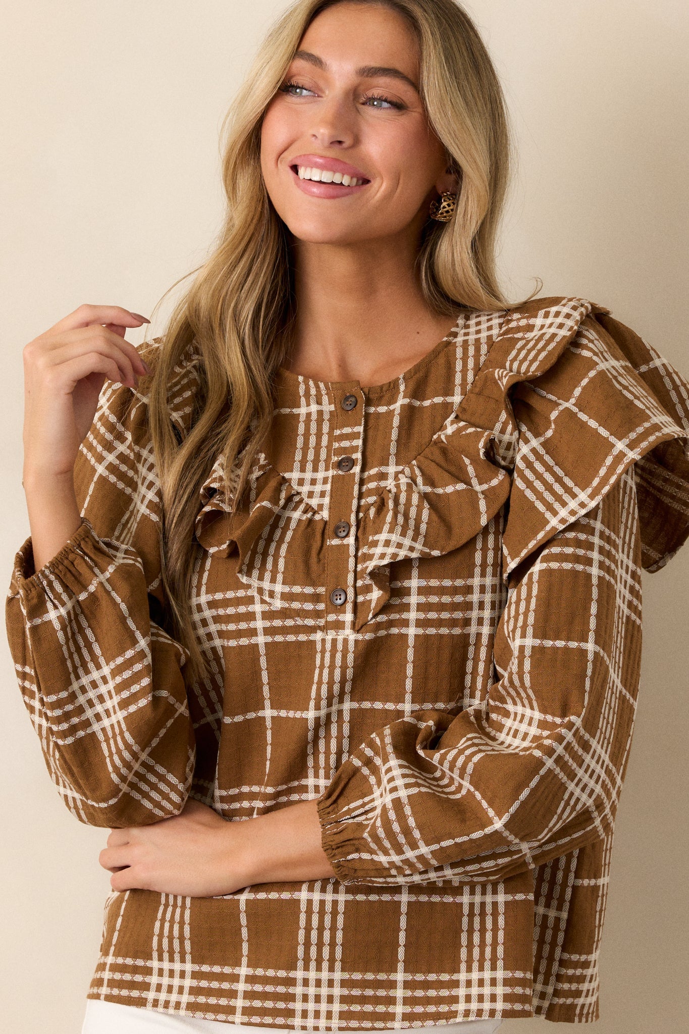 Mellow Moments 100% Cotton Mocha Flutter Sleeve Blouse