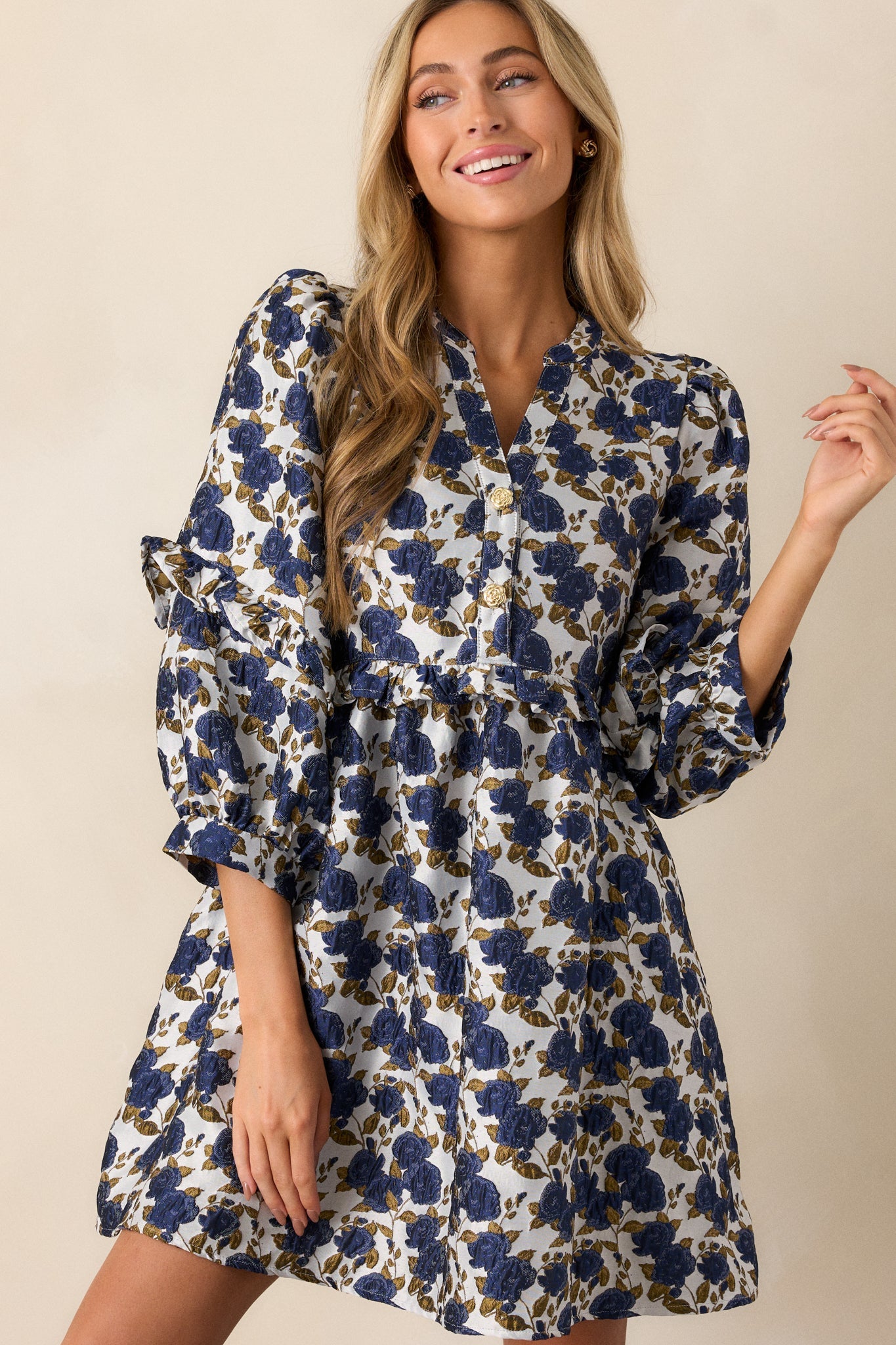 Waves of Roses Navy Floral Puff Sleeve Mini Dress