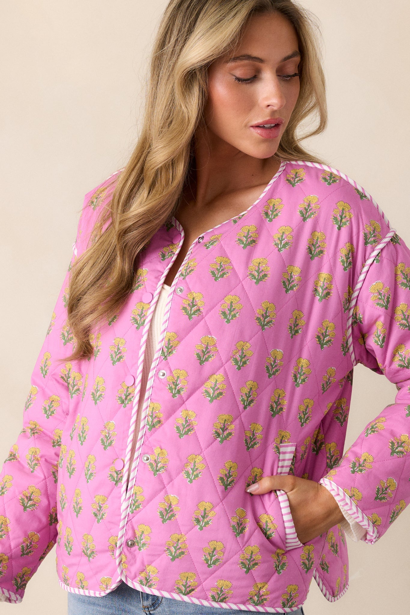 Peaceful Retreat 100% Cotton Pink Floral Quilted Jacket
