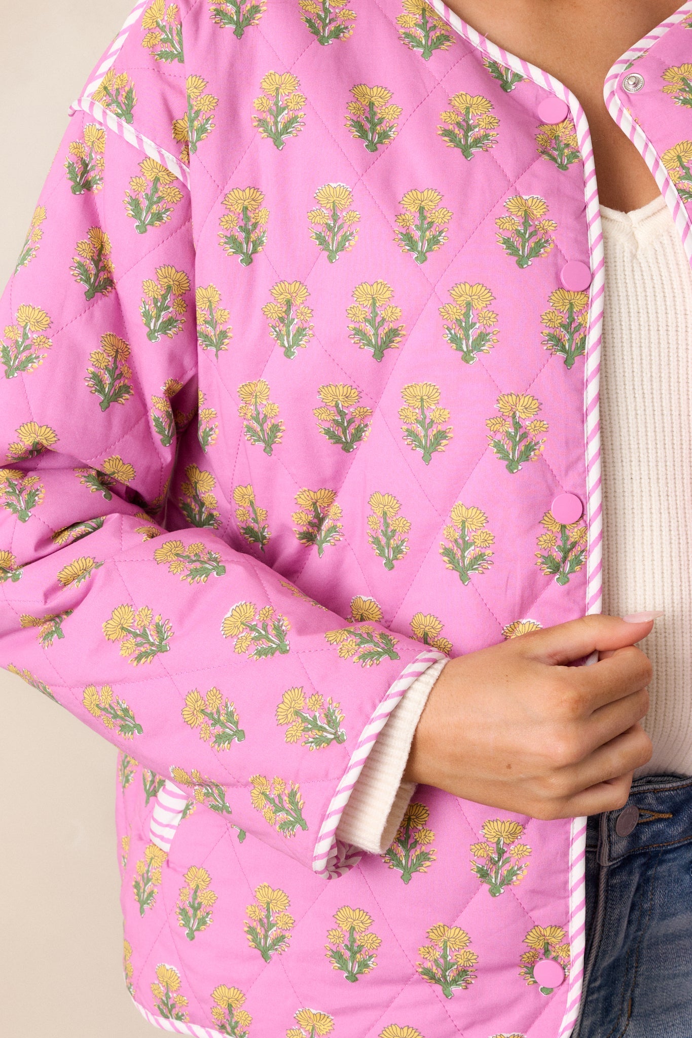 Peaceful Retreat 100% Cotton Pink Floral Quilted Jacket