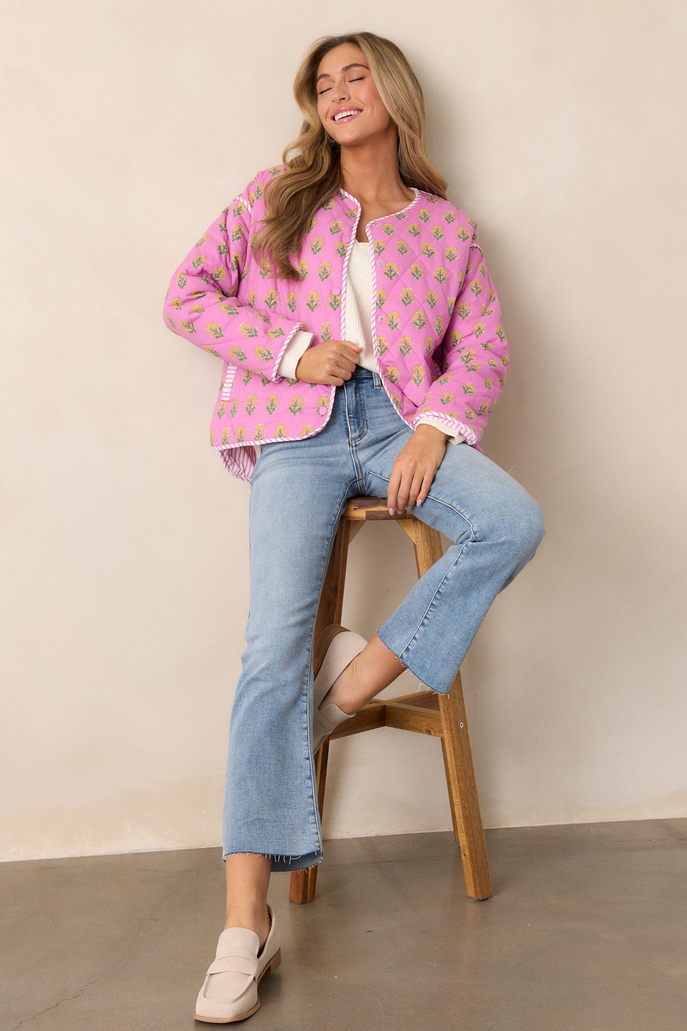 Peaceful Retreat 100% Cotton Pink Floral Quilted Jacket