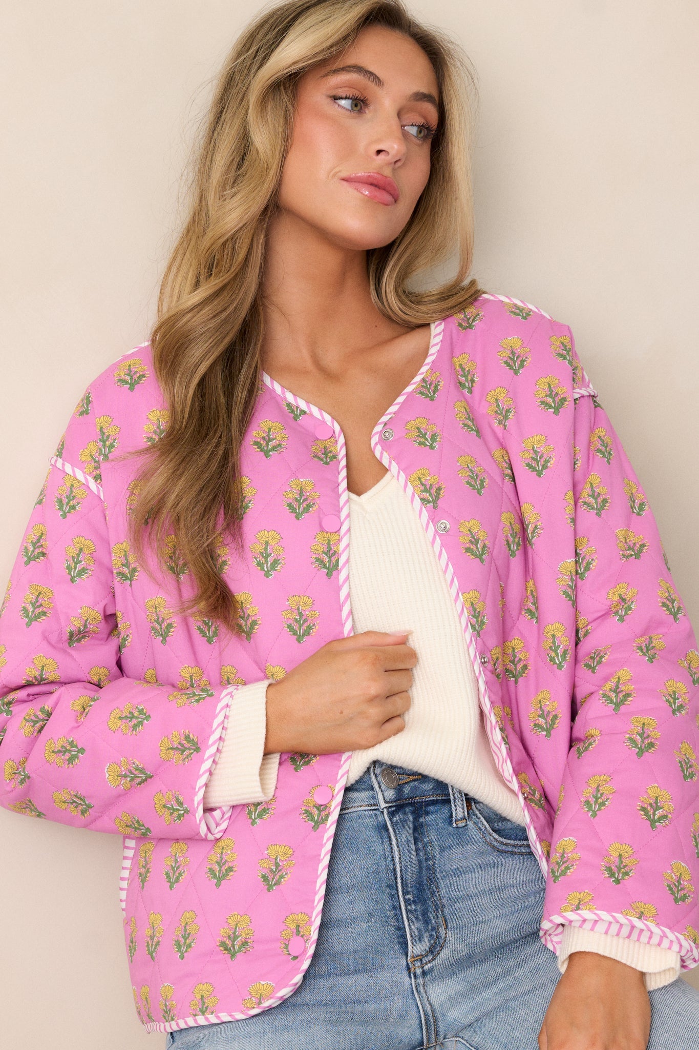 Peaceful Retreat 100% Cotton Pink Floral Quilted Jacket