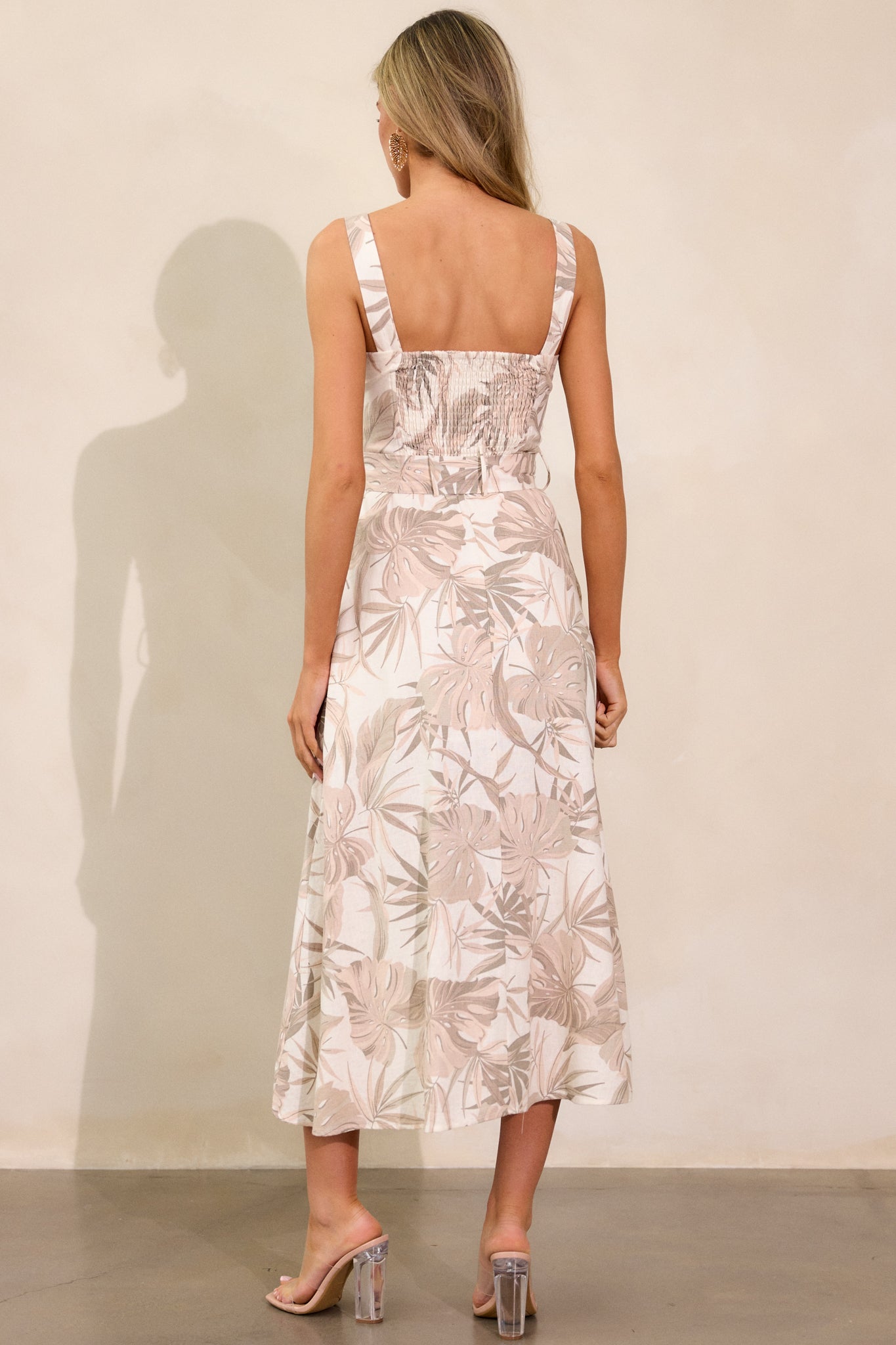 As You Know Tan Tropical Print Belted Midi Dress