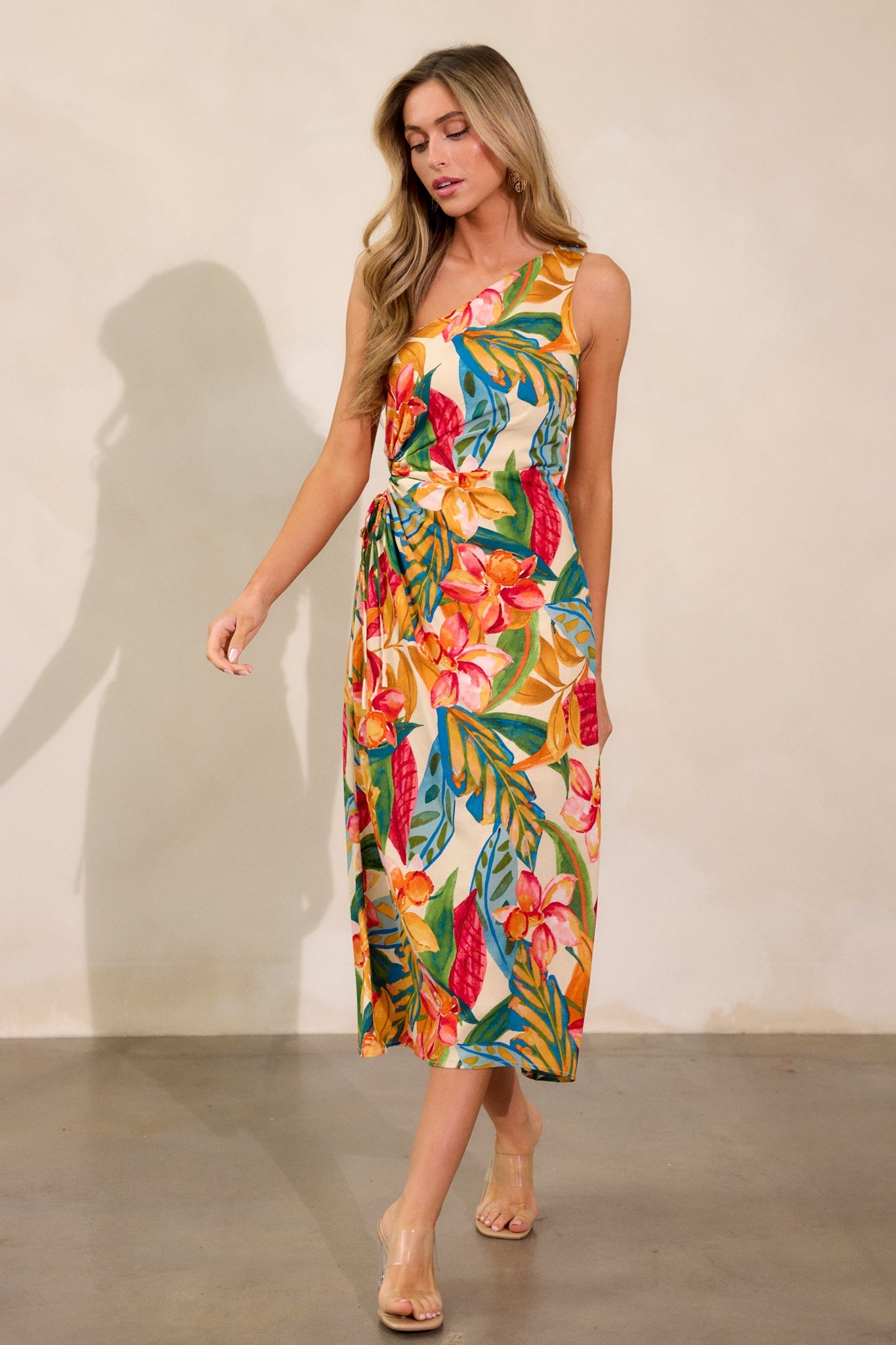 Safe To Say Multi Print One Shoulder Midi Dress