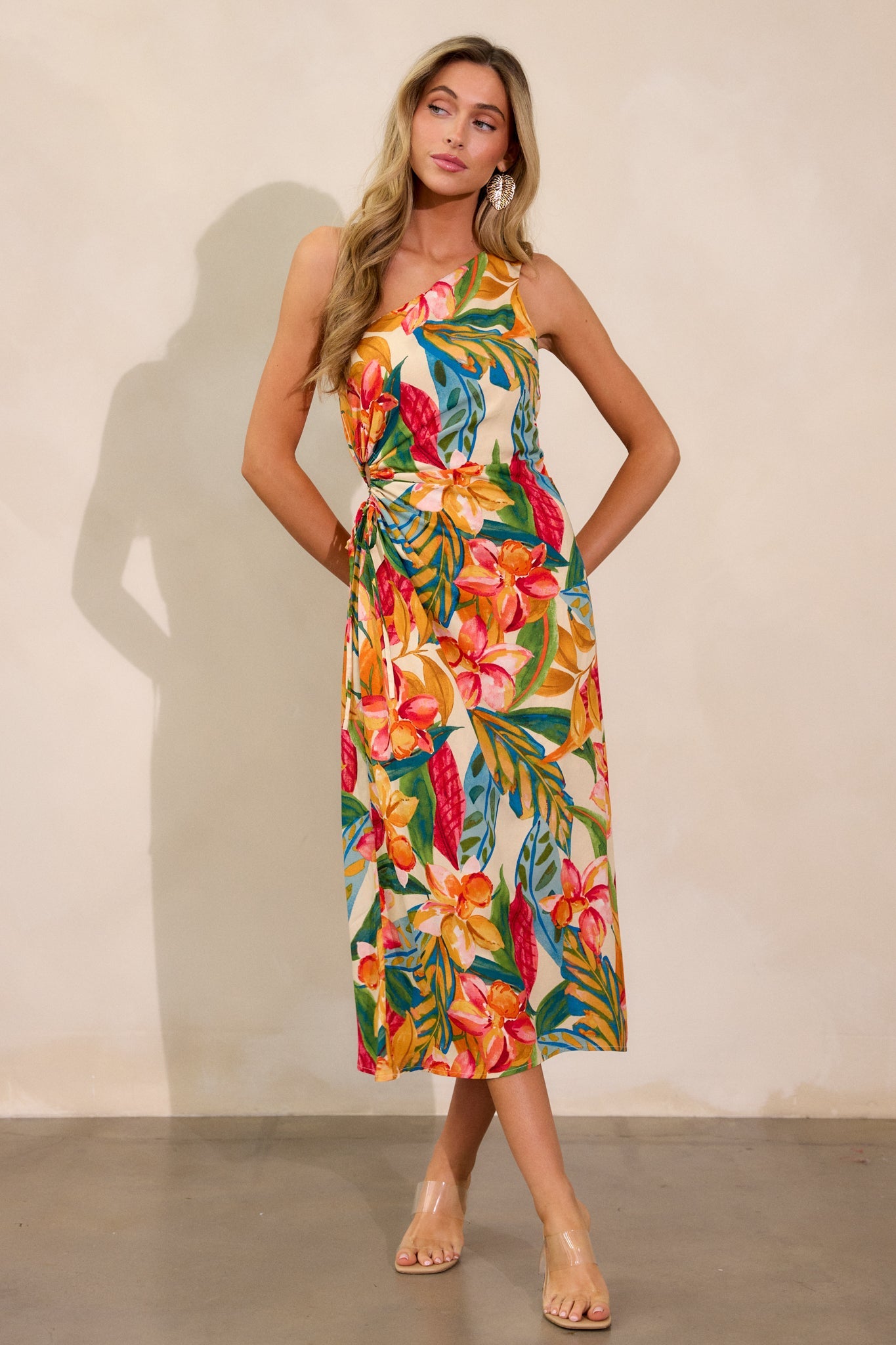 Safe To Say Multi Print One Shoulder Midi Dress